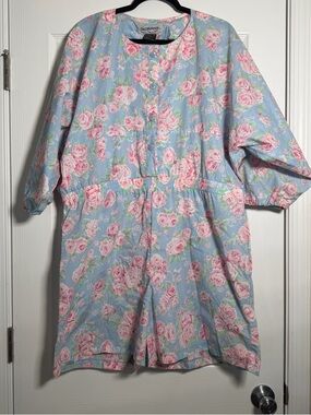 Vintage 80s Floral Rose Print Romper Pastel Blue Pink Cottagecore Grannycore